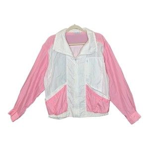 Vintage Women Nylon Zip Up Casual Outdoor Jacket Pink White Small Long Sleeves